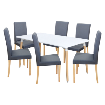 Étkezőasztal ONE 160x90 fehér + 6 szék PRIMA szürke/világos lábakkal
