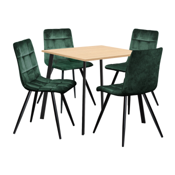 Étkezőasztal 80x80 BERGEN tölgy + 4 szék BERGEN zöld bársony